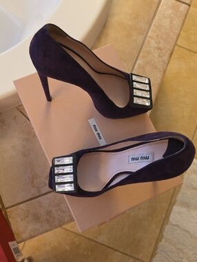 Miu Miu Deep Purple Suede Crystal-Embellished Stiletto Pumps